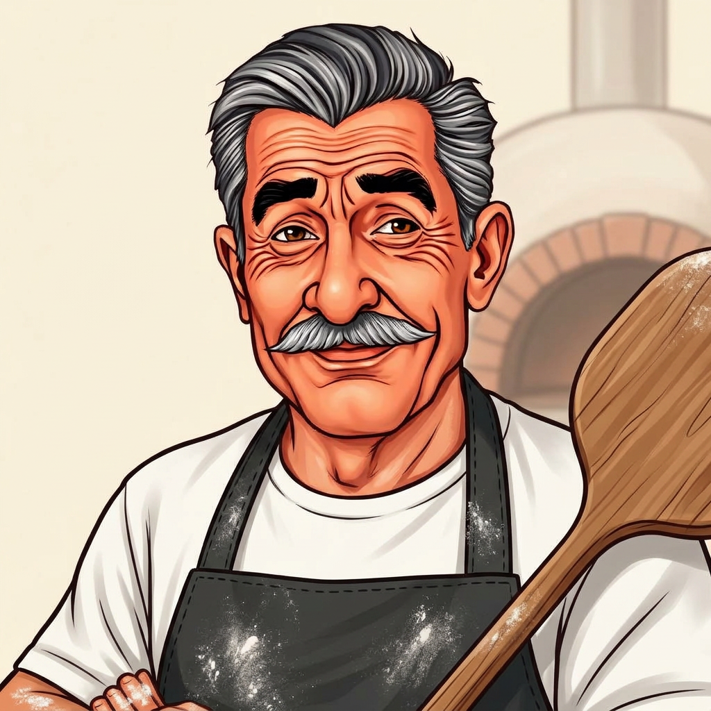 Illustrated portrait of Vinnie, a veteran New York pizzaiolo